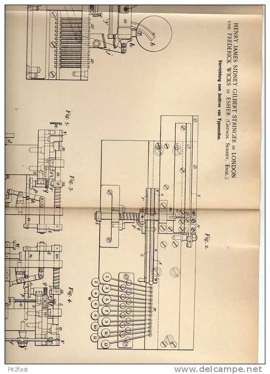 Original Patentschrift - Setzmaschine , Setzerei , 1899, H. Stringer In London Und Esher !!! - Machines