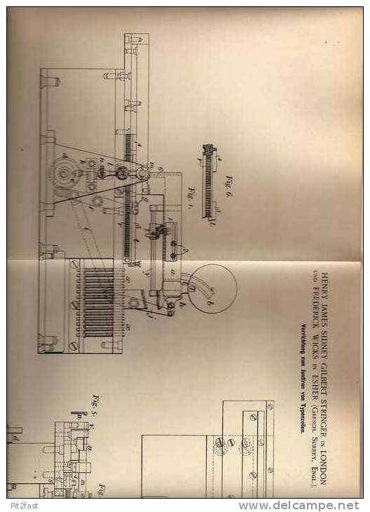 Original Patentschrift - Setzmaschine , Setzerei , 1899, H. Stringer In London Und Esher !!! - Maschinen