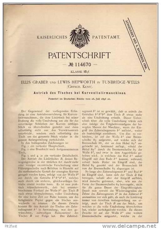 Original Patentschrift - Kurvenliniermaschine , 1898, E. Graber In Tunbridge-Wells , Kent !!! - Machines