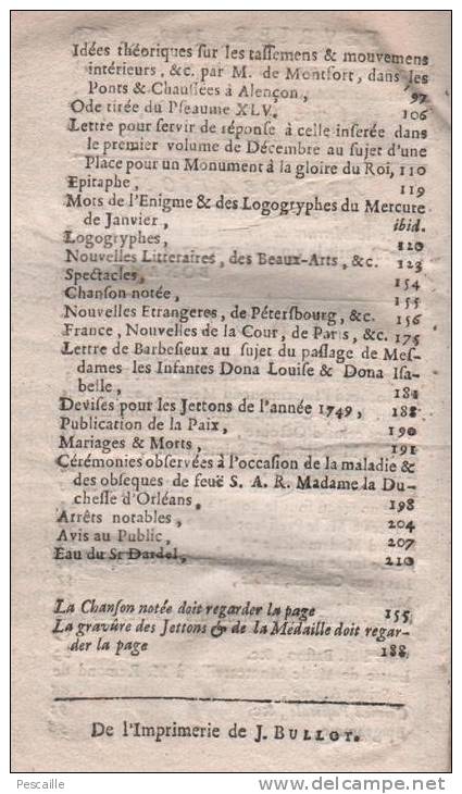 JOURNAL MERCURE DE FRANCE DEDIE AU ROI - FEVRIER 1749 - - Zeitungen - Vor 1800