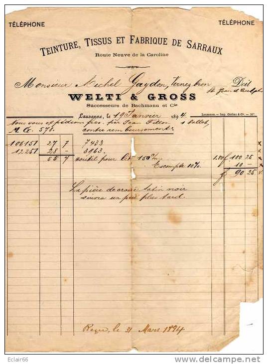 Facture  LAUSANNE Le 19 Janvier 1894  Société  WELTI & GROSS  Successeur De BACHMANN - Suiza