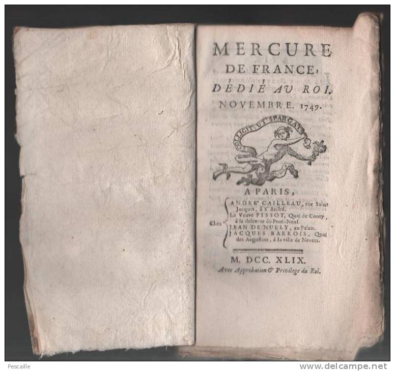 JOURNAL MERCURE DE FRANCE DEDIE AU ROI - NOVEMBRE 1749 - - Periódicos - Antes 1800