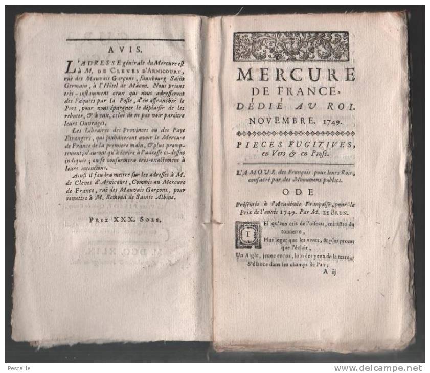 JOURNAL MERCURE DE FRANCE DEDIE AU ROI - NOVEMBRE 1749 - - Periódicos - Antes 1800