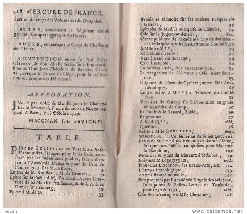 JOURNAL MERCURE DE FRANCE DEDIE AU ROI - NOVEMBRE 1749 - - Zeitungen - Vor 1800