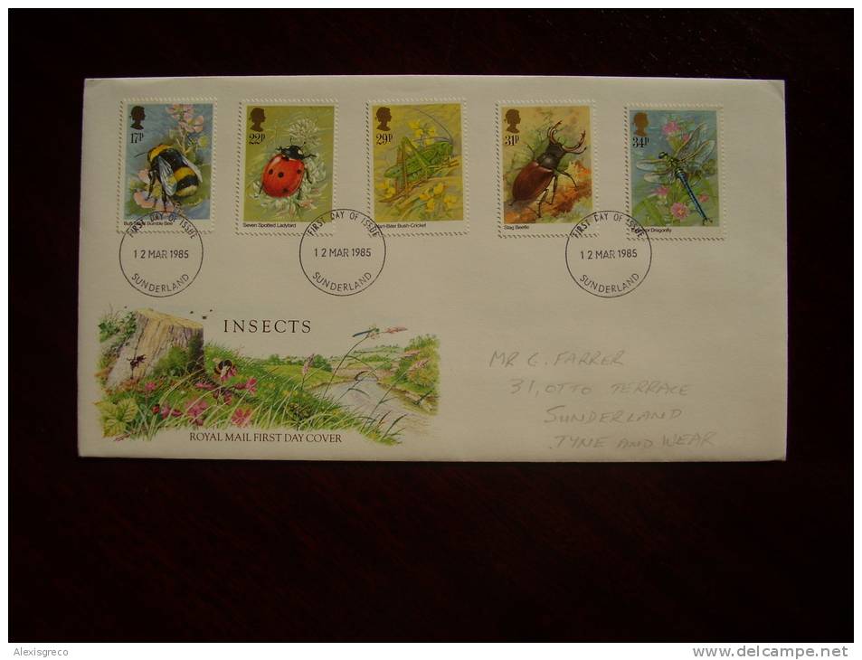 GREAT BRITAIN 1985  INSECTS  FDC With FULL SET Of 5 Values To 34p Issued At SUNDERLAND. - 1981-1990 Em. Décimales