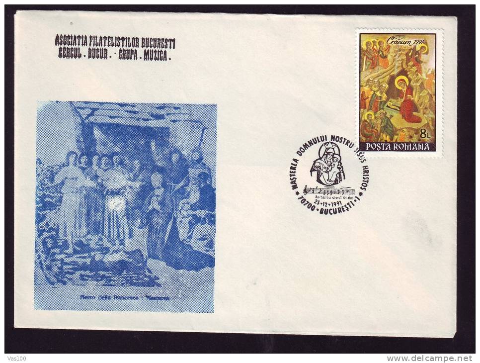 MUSICIAN, JESUS´ BIRTH, 1991, SPECIAL COVER, OBLITERATION CONCORDANTE, ROMANIA - Cristianesimo