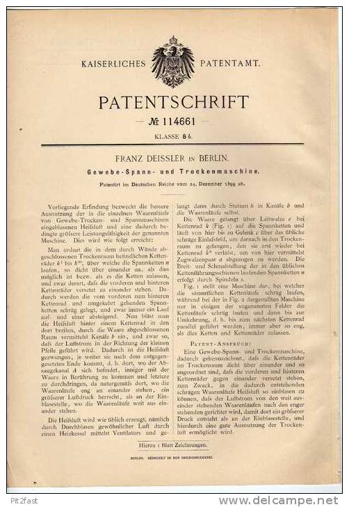 Original Patentschrift - Gewebemaschine , Franz Deissler In Berlin , 1899 !!! - Machines