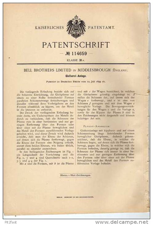 Original Patentschrift - Gießerei , Eisengießerei , Kran , 1899 , Brothers Ltd. In Middlesbrough , England  !!! - Maschinen