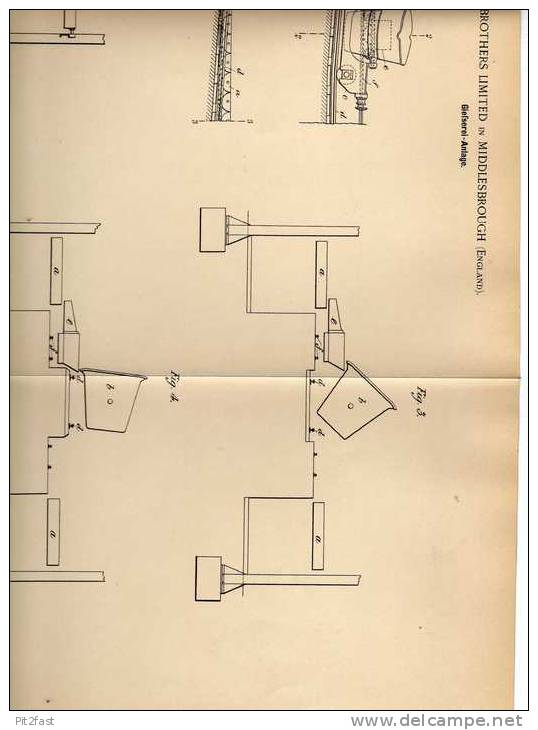 Original Patentschrift - Gießerei , Eisengießerei , Kran , 1899 , Brothers Ltd. In Middlesbrough , England  !!! - Tools