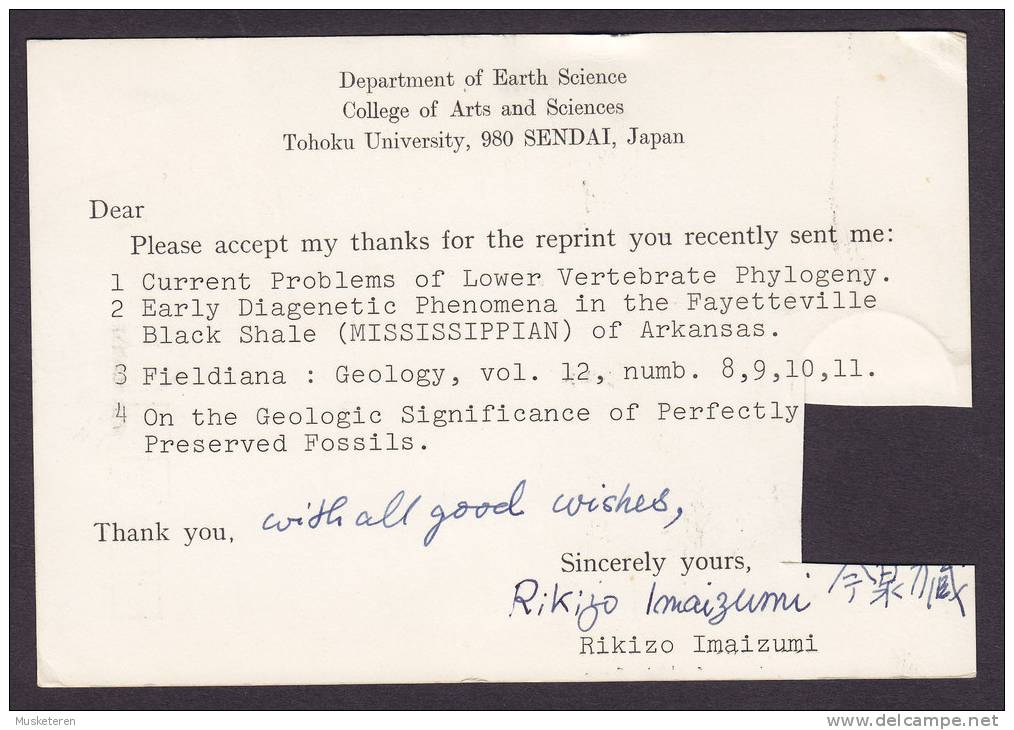 Japan Airmail Post Card Department Of Earth Science Tohoku University SENDAI To CHICAGO, USA (2 Scans) - Covers & Documents