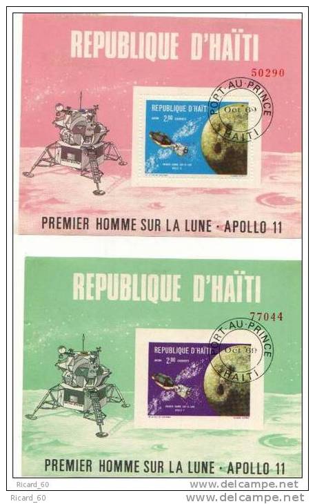 2 Blos Feuillets De Haïti , First Man On The Moon,  Thème Espace:apollo 11,1969 - Südamerika