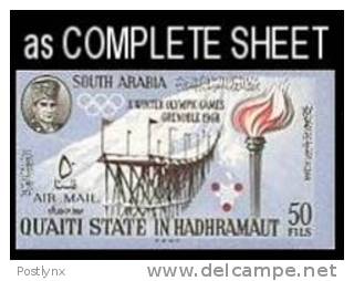 CV:€268.80 2 X ADEN-Qu´ Aiti  State In Hadhramaut 1967,Olympics Grenoble Skijumping 50Fils,Imperf.sheet:70 Stamps - Fantasy Labels