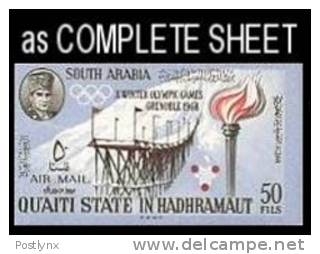 CV:€268.80 2 X ADEN-Qu´ Aiti  State In Hadhramaut 1967,Olympics Grenoble Skijumping 50Fils,Imperf.sheet:70 Stamps - Etichette Di Fantasia