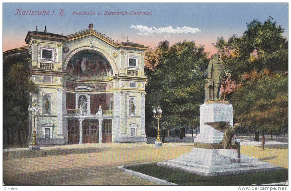 Karlsruhe, Festhalle Und Bismarck-Denkmal Mit Engel, Um 1925 - Karlsruhe