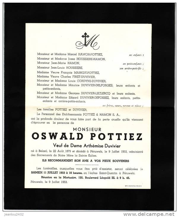 FAIRE PART DECES OSWALD POTTIEZ - Other & Unclassified