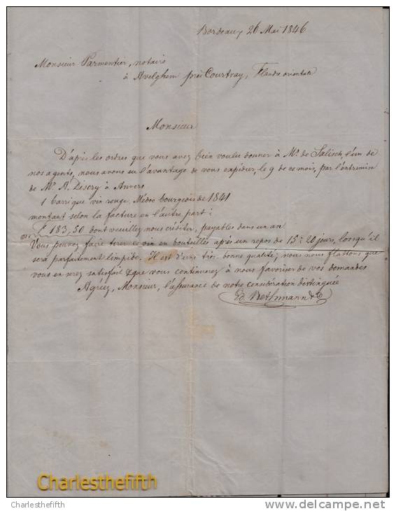 PIECE UNIQUE !FACTURE VIN MEDOC BORDEAUX BETHMANN LAC 1846 BORDEAUX - GRIFFE ROUGE " 9R " PARIS MOUSCRON AVELGHEM - WINE - Documentos Históricos