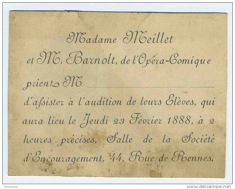 INVITATION AUDITION DES ELEVES DE L'OPERA  COMIQUE - 1888 - MM MEILLET ET BARNOLT - Sonstige & Ohne Zuordnung