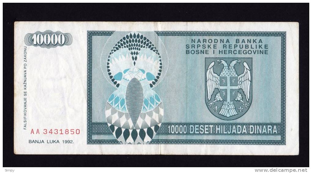 BOSNIA & HERZEGOVINA Banja Luka  - 10.000 Dinara 1992  Pick 139 - Bosnien-Herzegowina