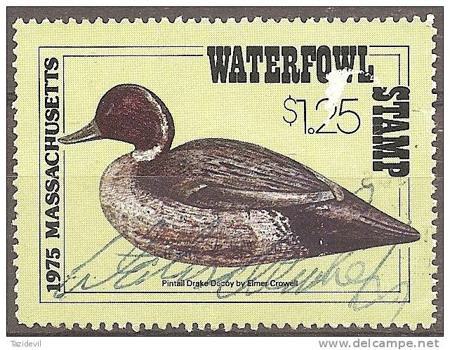 UNITED STATES -  Used 1974  Massachusetts Duck Hunting Stamp. Small Damage On Front - Duck Stamps