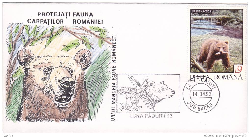BEAR, OURS 1993, SPECIAL COVER, OBLITERATION CONCORDANTE, ROMANIA - Bears