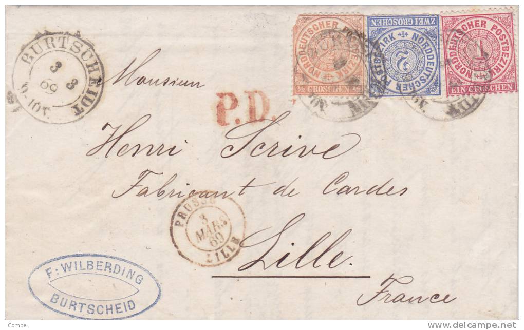 Nord Bund, 1869, 1/2g 1g 2g, PD, Entrée Prusse Par Lille, Burtscheidt F.Wilberding,  Courrier Vente De Fil De Fer/ 312 - Covers & Documents