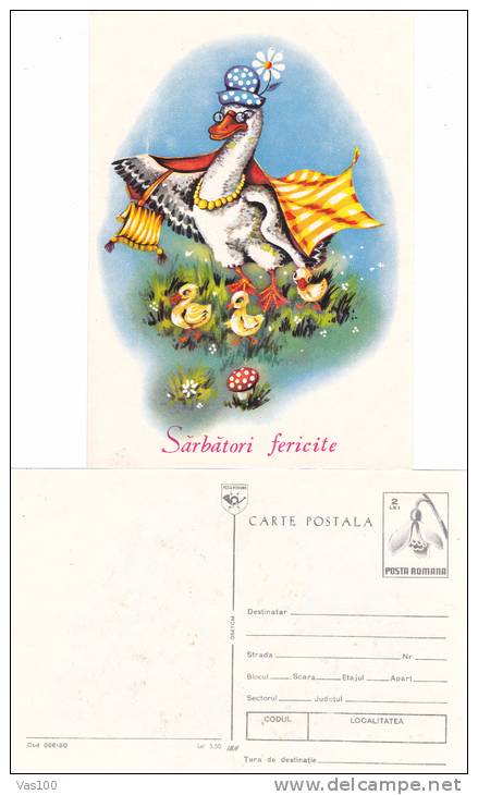 HAPPY HOLIDAYS, DUCK, 1990, CARD STATIONERY, ENTIER POSTAL, UNUSED, ROMANIA - Cisnes