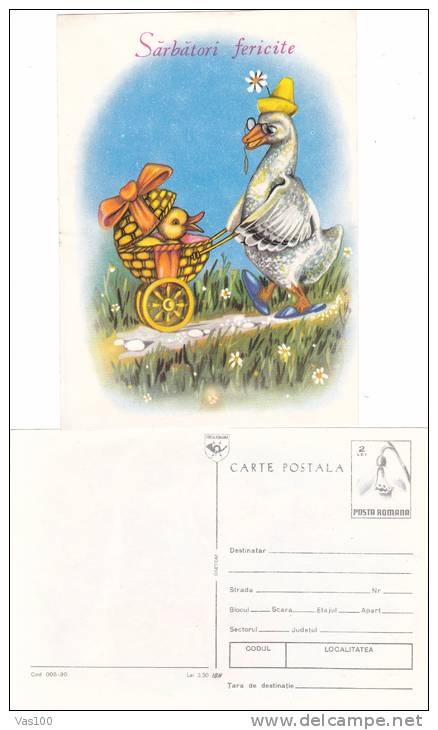 HAPPY HOLYDAYS, DUCK, CHICKEN, 1990, CARD STATIONERY, ENTIER POSTAL, UNUSED, ROMANIA - Swans