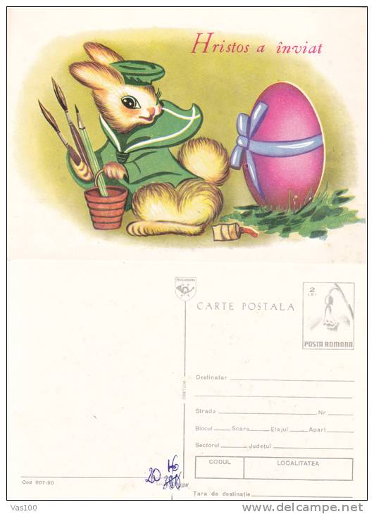 JESUS HAS RESURECTED, RABBIT, EGG, 1990, CARD STATIONERY, ENTIER POSTAL, UNUSED, ROMANIA - Rabbits
