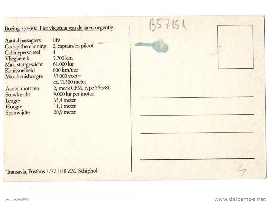B57151 Airplains Avions Transavia Boeing 737 Not Used Perfect Shape Back Scan At Request - 1946-....: Moderne