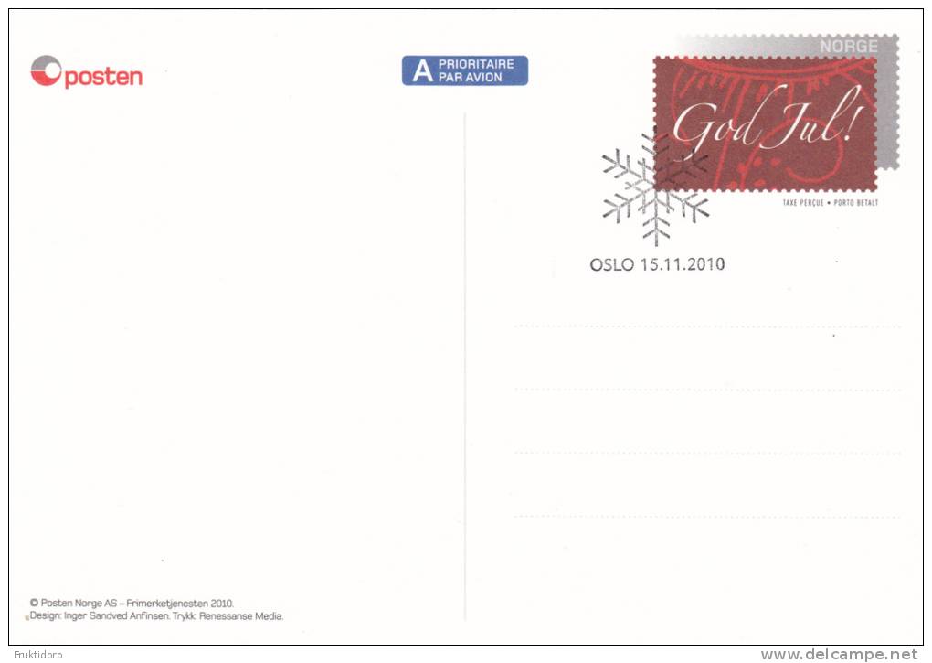 Norway Postal Stationery 2010 Christmas Embroidery First-Day Cancellation - Interi Postali