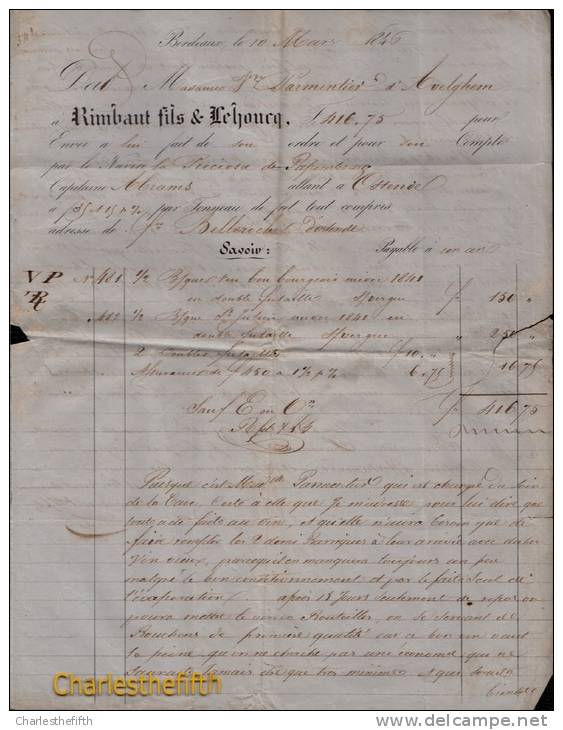 PIECE UNIQUE ! FACTURE VIN MEDOC RIMBAUT & LEHOUCQ - LAC 1846 BORDEAUX - GRIFFE ROUGE " 9R "  MOUSCRON AVELGHEM - - 1800 – 1899
