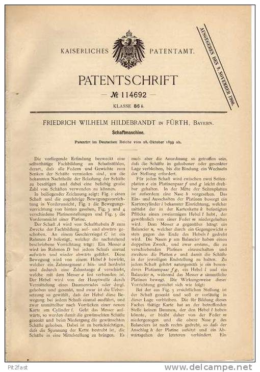 Original Patentschrift - F. Hildebrandt  In Fürth , Bayern , 1899 , Schaftmaschine !!! - Máquinas