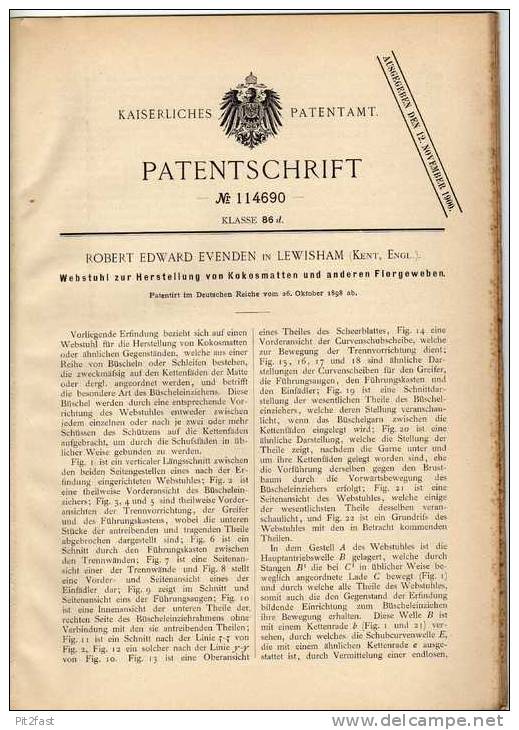 Original Patentschrift - Webstuhl Für Kokosmatten , 1898 , R. Evenden In Evenden , Kent , England !!! - Machines