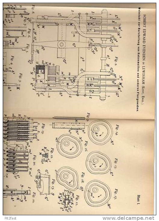 Original Patentschrift - Webstuhl Für Kokosmatten , 1898 , R. Evenden In Evenden , Kent , England !!! - Tools