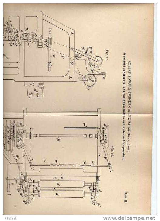 Original Patentschrift - Webstuhl Für Kokosmatten , 1898 , R. Evenden In Evenden , Kent , England !!! - Tools