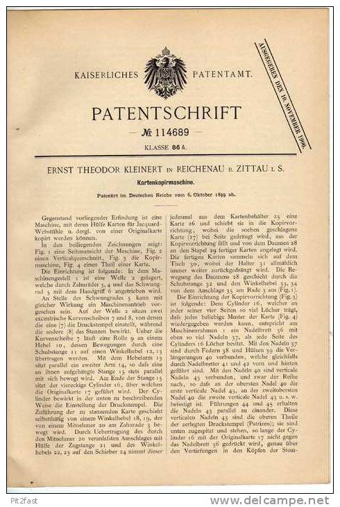 Original Patentschrift - E. Kleinert In Reichenau B. Zittau , Sachsen , 1899, Kopierer ,  Kartenkopiermaschine !!! - Machines