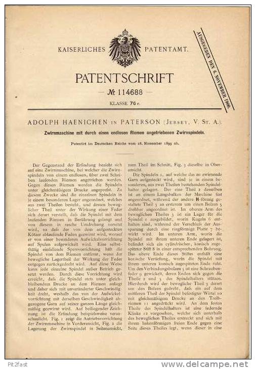 Original Patentschrift - Zwirnmaschine , Näherei , A. Haenichen In Paterson , Jersey , USA  !!! - Machines