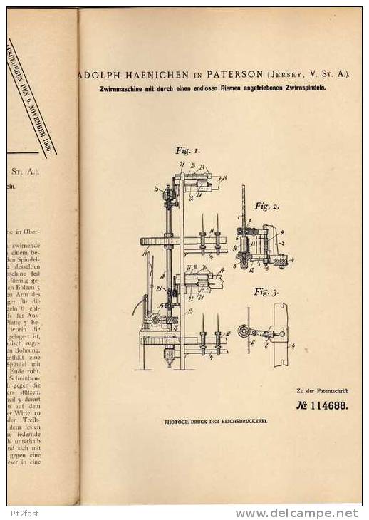 Original Patentschrift - Zwirnmaschine , Näherei , A. Haenichen In Paterson , Jersey , USA  !!! - Tools