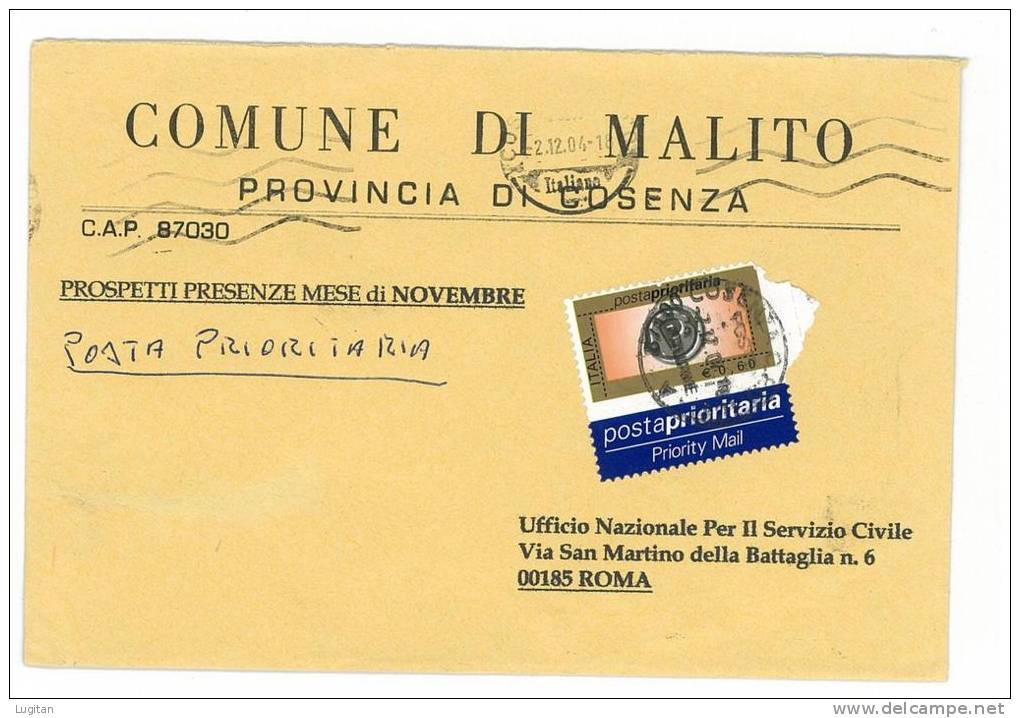 MALITO CAP 87030 - COSENZA - ANNO 2004 - LS  - CALABRIA  -TEMATICA COMUNI D'ITALIA - STORIA POSTALE - Macchine Per Obliterare (EMA)