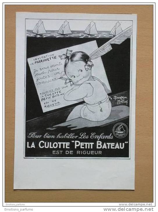 Pub Papier 1930 Sous Vetement Enfant Culotte PETIT BATEAU Illustration Béatrice Mallet Plume Voilier - Publicités