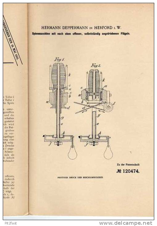 Original Patentschrift -  Spinnmaschine , 1900,  H. Deppermann In Herford , 1900!!! - Machines