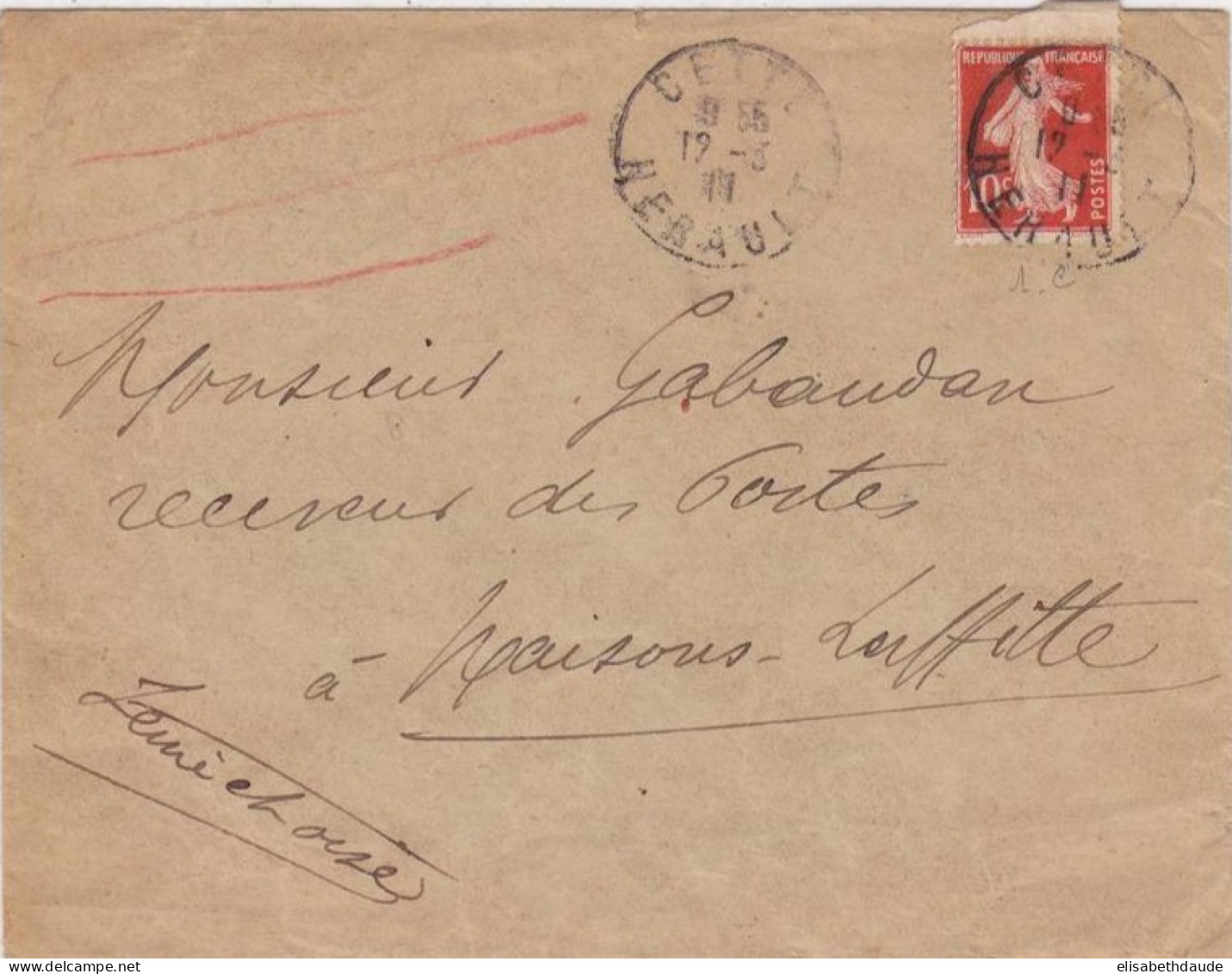 SEMEUSE - 1911 - ENVELOPPE De SETE (HERAULT) Avec TIMBRE COULEUR TRES VIVE - NUANCE PEU COMMUNE - 1906-38 Säerin, Untergrund Glatt