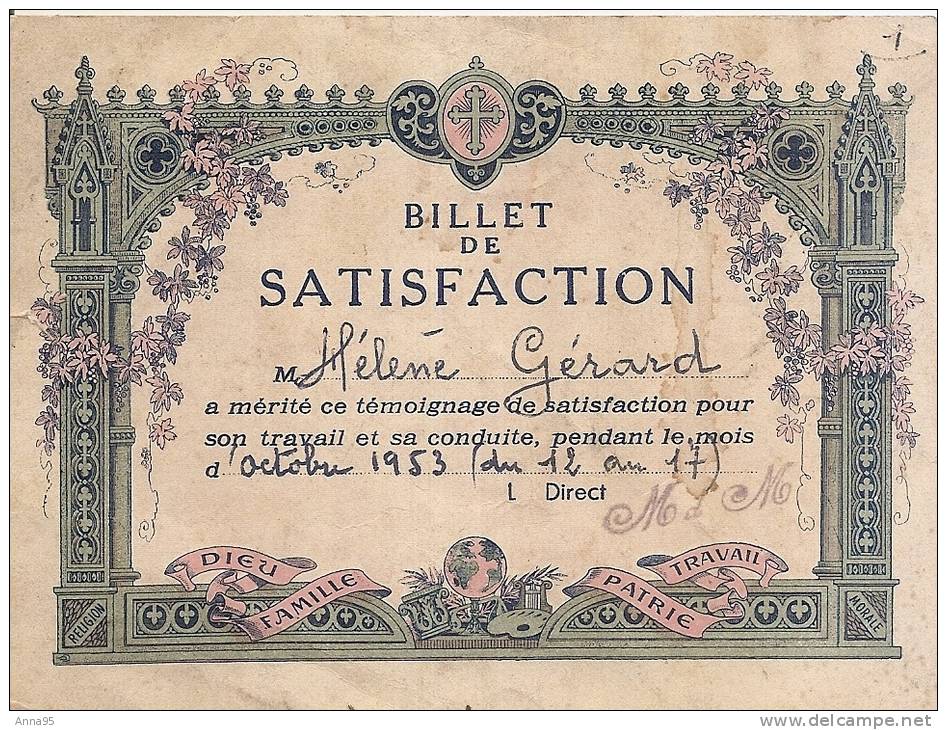 Ancien BILLET DE SATISFACTION   ANNEE 1953 12x9 Cms - Diplômes & Bulletins Scolaires