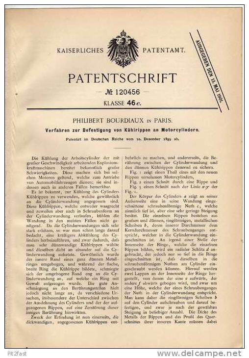 Original Patentschrift - Kühlrippen An Motorcylindern , 1899, P. Bourdiaux In Paris !!! - Motor Bikes