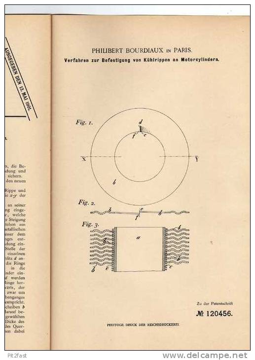 Original Patentschrift - Kühlrippen An Motorcylindern , 1899, P. Bourdiaux In Paris !!! - Motos
