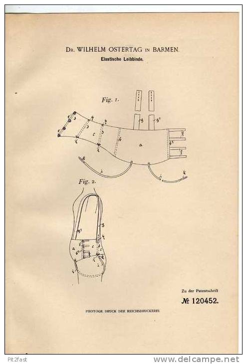 Original Patentschrift - Dr. W. Ostertag In Barmen , 1899, Elastische Leibbinde !!! - Literature