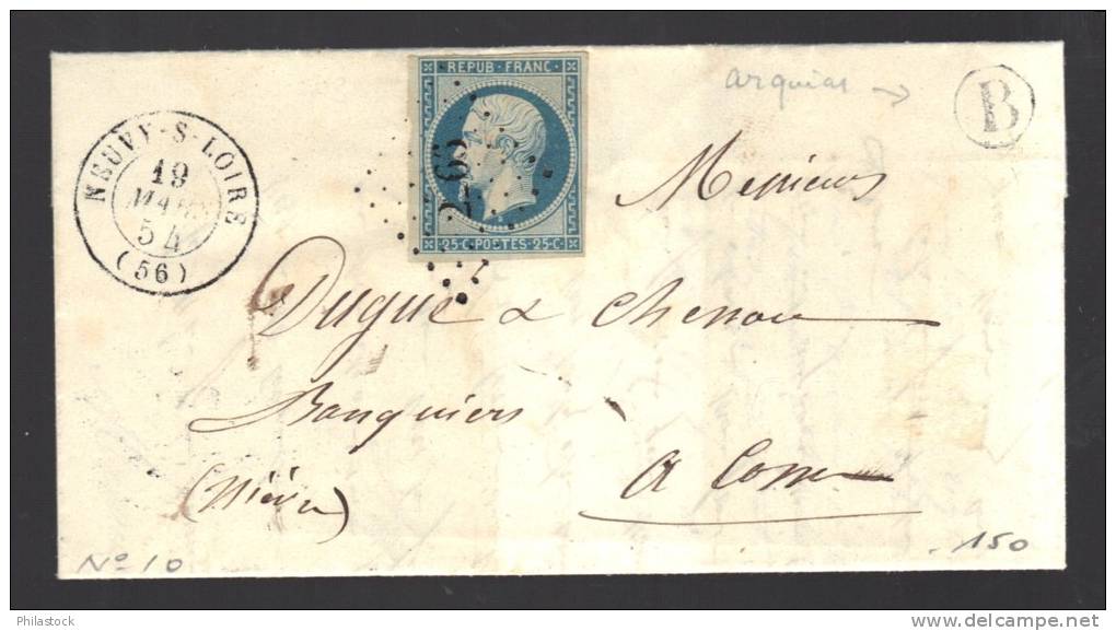 FRANCE 1854 N° 10 Obl. S/Lettre Entiére PC 2266 Neuvy S/Loire + B De Facteur - 1852 Luis-Napoléon