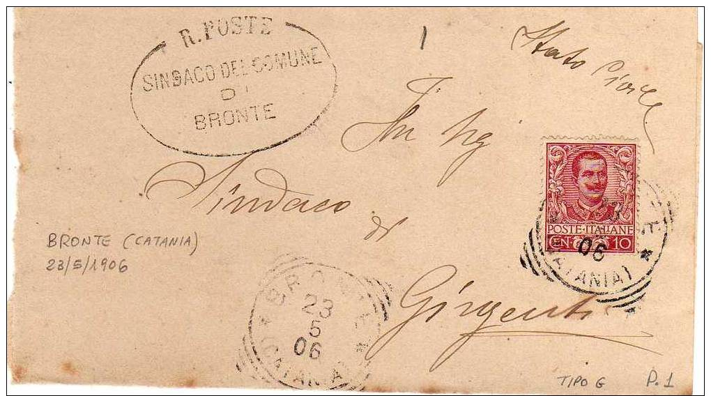 BRONTE (CATANIA) TONDO RIQUADRATO DEL 1906 CON Cent. 10 FLOREALE SU PIEGO PER  GIRGENTI (RL1151) - Storia Postale