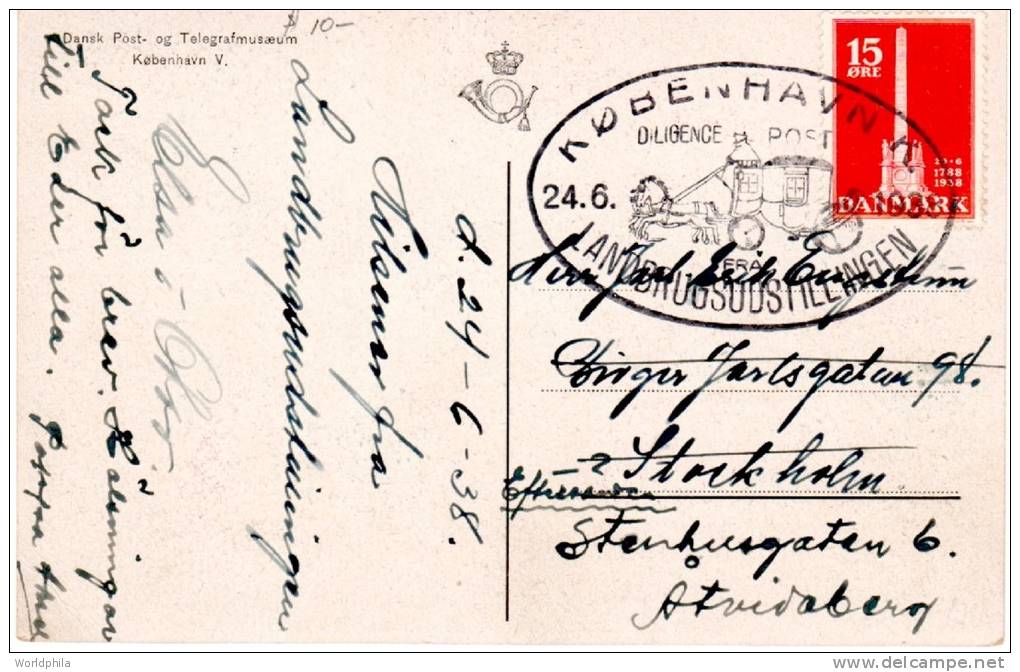 Denmark-Sweden Mailed Postcard "Diligence Post" Exhibition Postmark 1938 - Kutschen
