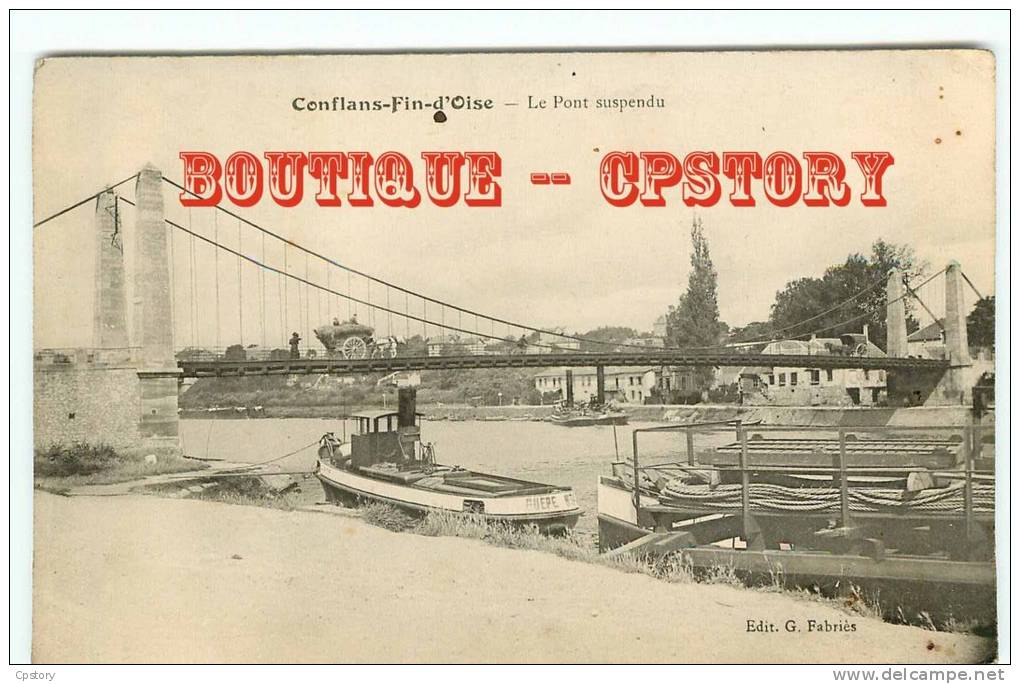 PENICHE & REMORQUEUR " Guepe N° 34 " + Pont Suspendu à Conflans - Batellerie  Marinier - Navigation Fluviale - Dos Scané - Remorqueurs